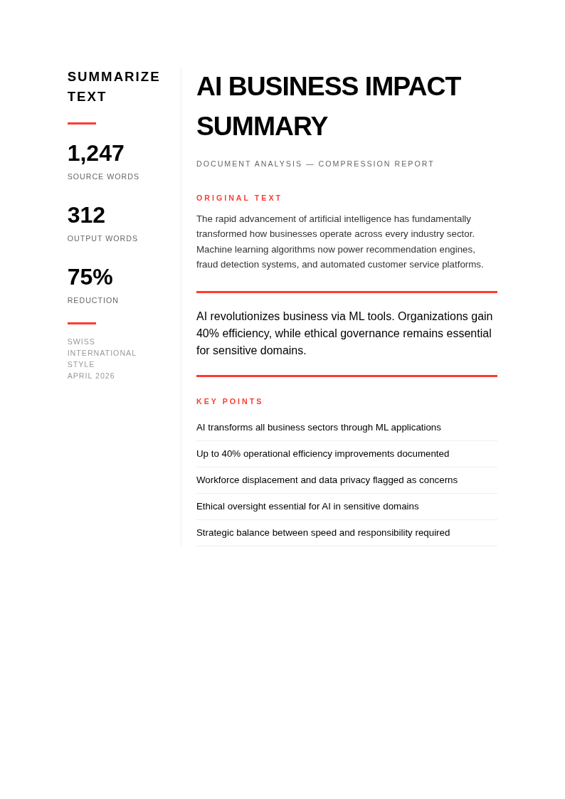 Swiss international summarize text